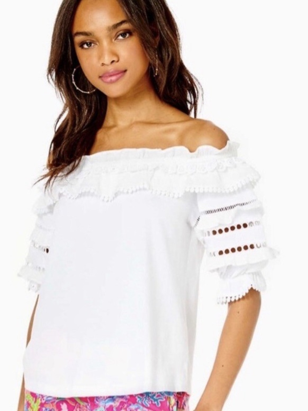 Lilly Pulitzer White Eyelet Ruffle Off-Shoulder Top